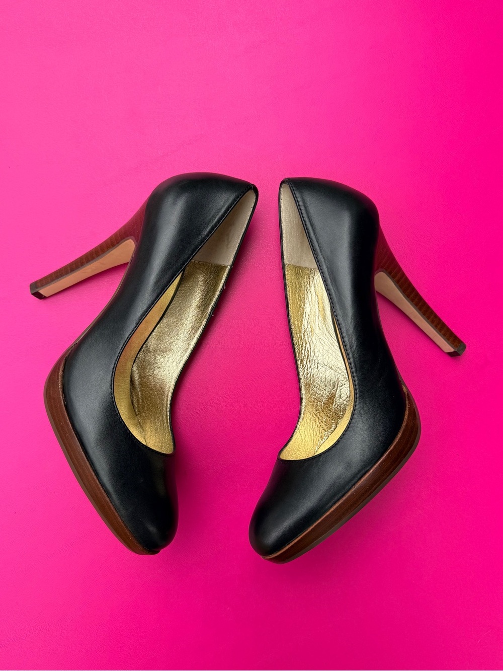 Nine West Meaden Black Leather Round Toe Platform Wooden Heel Stiletto Pump 5.5